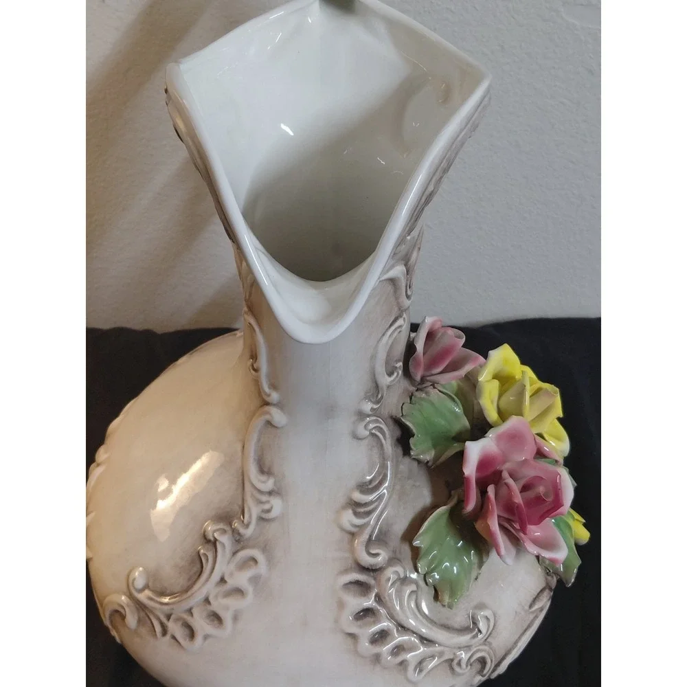 Vintage Capodimonte Italy Porcelain Floral Pitcher Vase Crowned N Rose Large 14